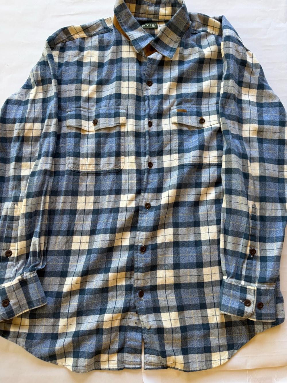 ORVIS MENS BLUE & CREAM PLAID FLANNEL BUTTON DOWN